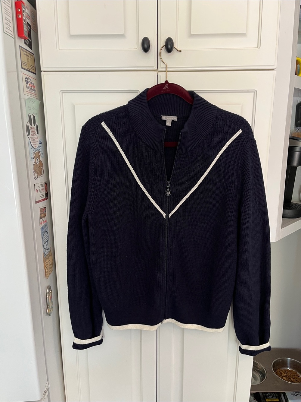 Talbots Navy Blue Zipper Cardigan with white trim
Large 
Mint Condition